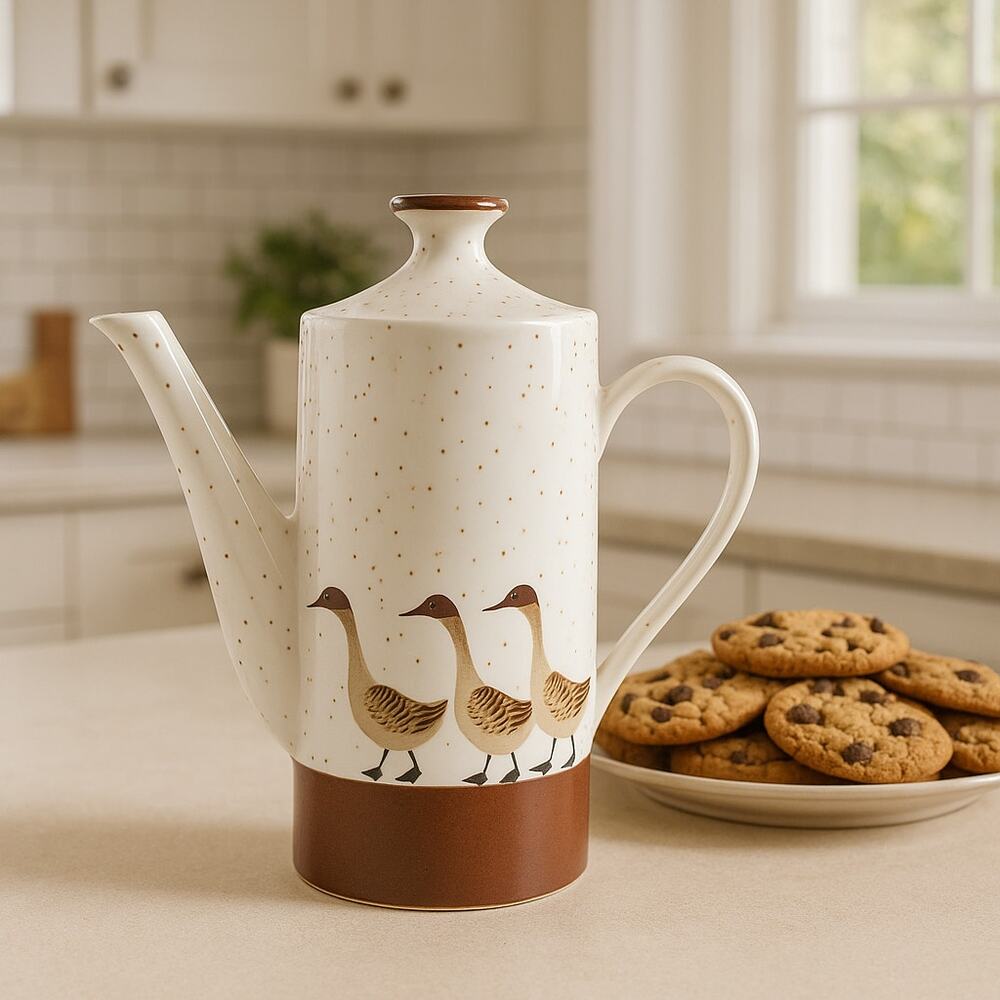 Wild Game Porcelain by Shafford Tall Speckled White & Brown Tea Pot With Geese